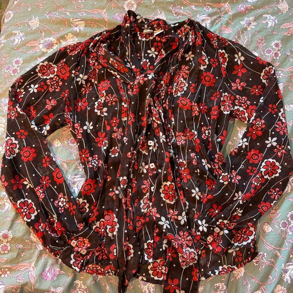Johnny Cotton 70s Groovy Brown Floral Sheer Blouse